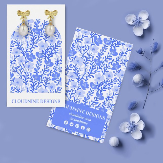 Blue Floral Arch Earring Jewellery Display Card (Floral arch in soft blue colors earring display cards with social media icons)