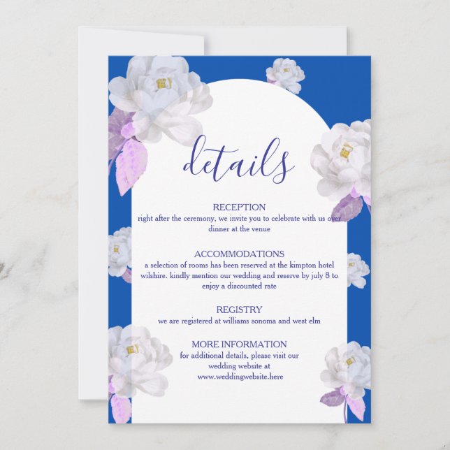 Blue Floral Arch Wedding Details Card (Front)