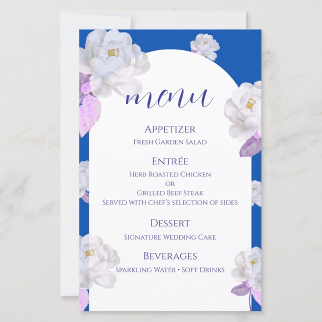 Blue Floral Arch Wedding Menu Card (Front)