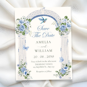 Blue floral arch wedding save the date