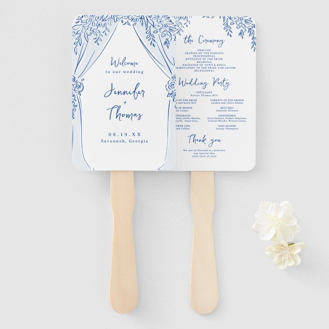 Blue Floral Arch Whimsical Wedding Programs Hand Fan (Front and Back)