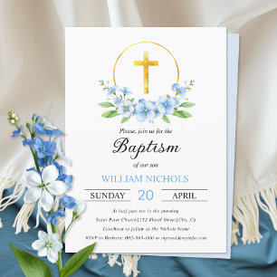Blue floral arrangement, gold cross boy baptism invitation