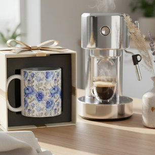 Blue Floral Art Pattern Two-Tone Coffee Mug