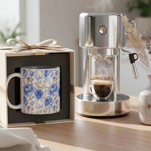 Blue Floral Art Pattern Two-Tone Coffee Mug (Creator Uploaded)