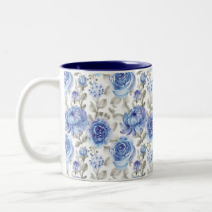 Blue Floral Art Pattern Two-Tone Coffee Mug