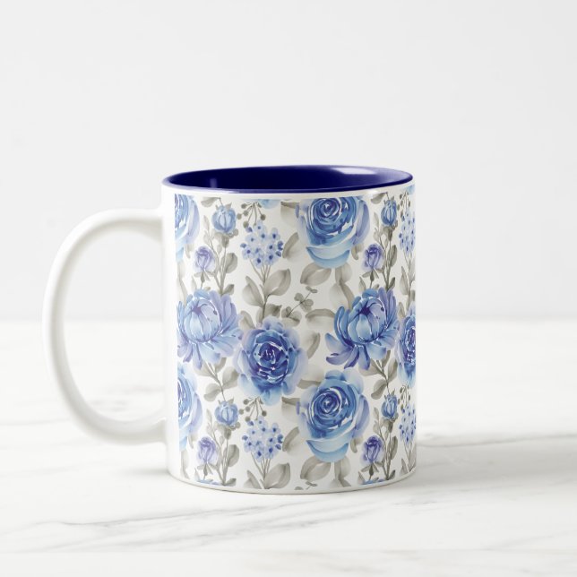 Blue Floral Art Pattern Two-Tone Coffee Mug (Left)