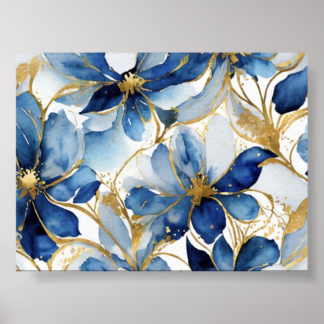 Blue Floral Art Print with Gold Accents (Front)