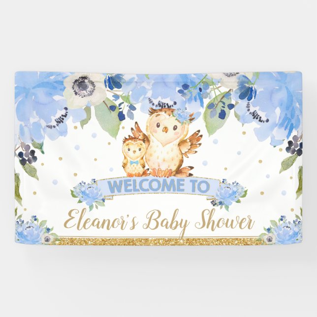 Blue Floral Baby and Mummy Owl Welcome Backdrop Banner (Horizontal)