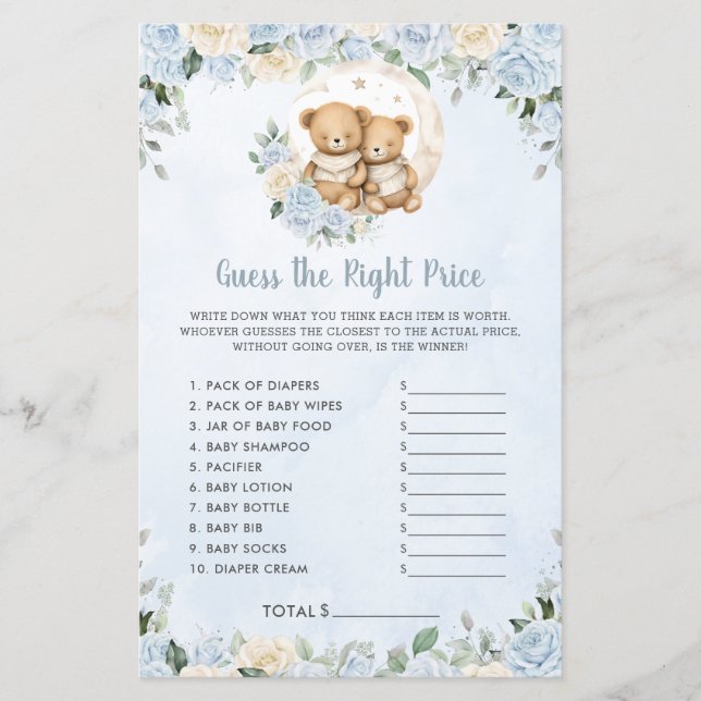 Blue Floral Baby Bears Twin Guess Right Price Game (Front)
