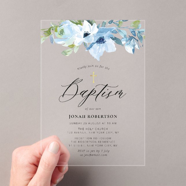 Blue floral baby boy baptism acrylic invitations (Insitu (Handheld))