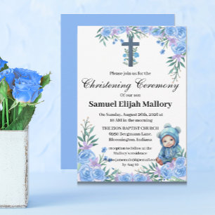 Blue Floral Baby Boy Christening/Baptism Invitation