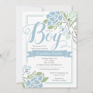 Blue Floral Baby Boy Shower Invitation