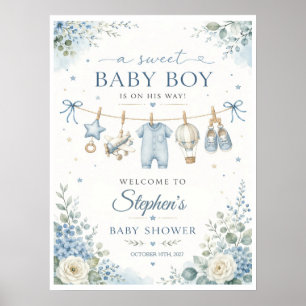 Blue Floral Baby Boy Shower Welcome Sign
