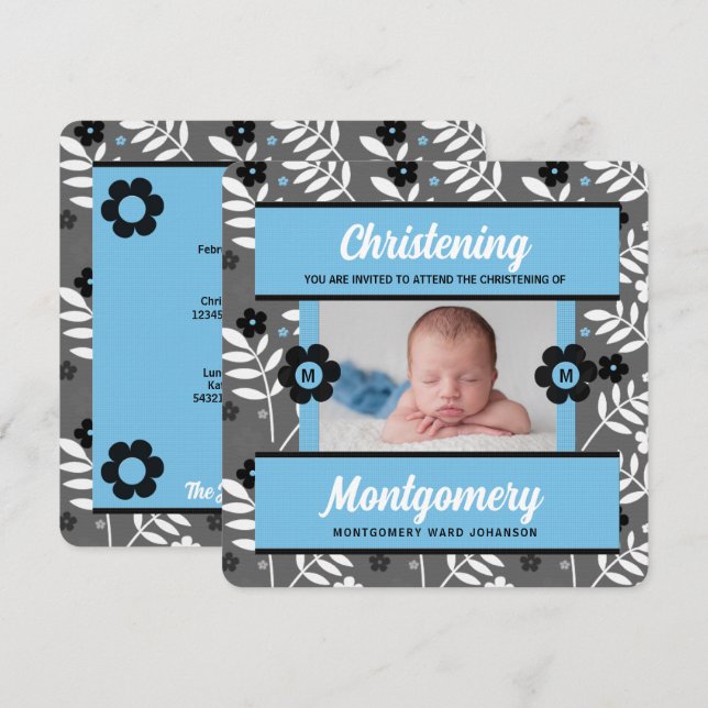 Blue Floral Baby Christening with Photo Invitation (Front/Back)