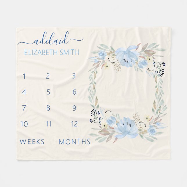 Blue Floral Baby Girl Milestone Blanket (Front (Horizontal))