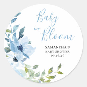 Blue Floral Baby In Bloom Boy Shower Classic Round Sticker