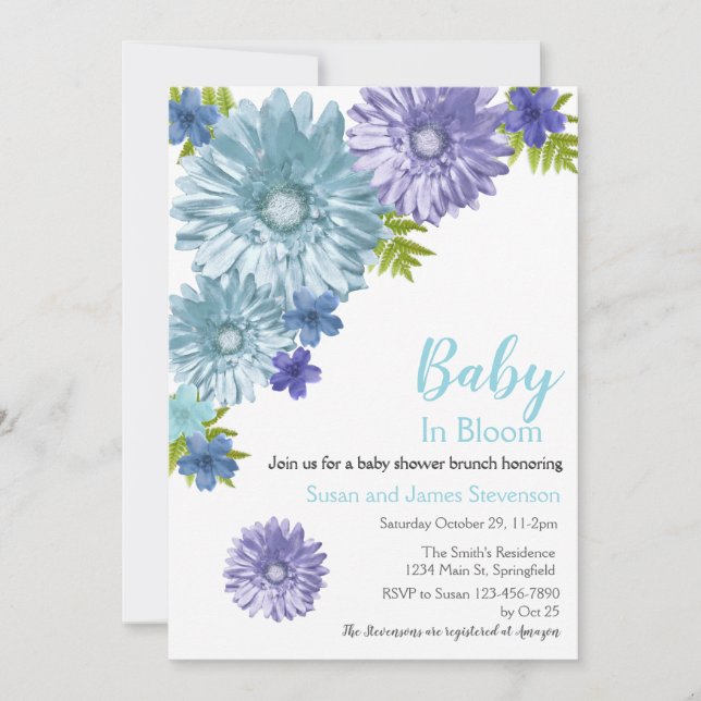 Blue Floral Baby In Bloom Brunch Shower Invitation (Front)