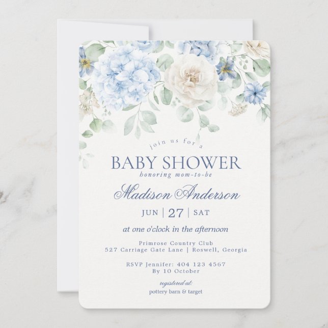 Blue Floral Baby in Bloom Hydrangea Baby Shower Invitation (Front)
