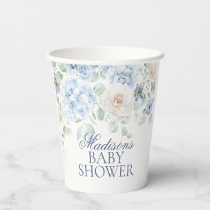 Blue Floral Baby in Bloom Hydrangea Baby Shower Paper Cups