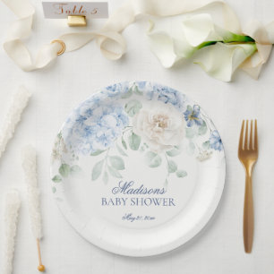 Blue Floral Baby in Bloom Hydrangea Baby Shower Paper Plate