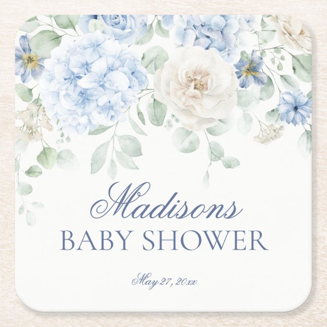 Blue Floral Baby in Bloom Hydrangea Baby Shower Square Paper Coaster (Front)