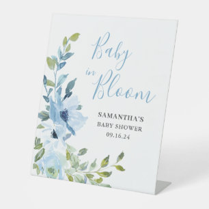 Blue Floral Baby In Bloom Shower  Pedestal Sign