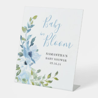 Blue Floral Baby In Bloom Shower  Pedestal Sign