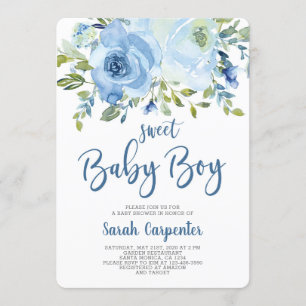 Blue floral baby shower boy invitation
