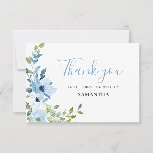 Blue Floral Baby Shower Flat Thank You Card (Front)