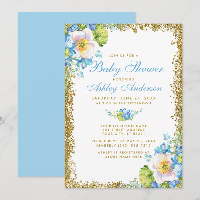 Blue Floral Baby Shower Gold Glitter Invitation B (Front/Back)