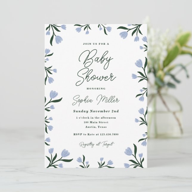 Blue Floral Baby Shower Invitation (Standing Front)