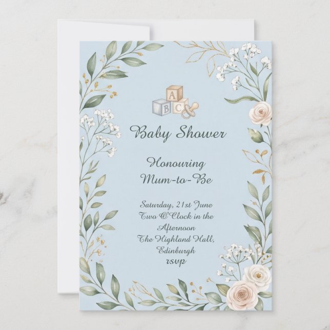 Blue Floral Baby Shower Invitation (Front)
