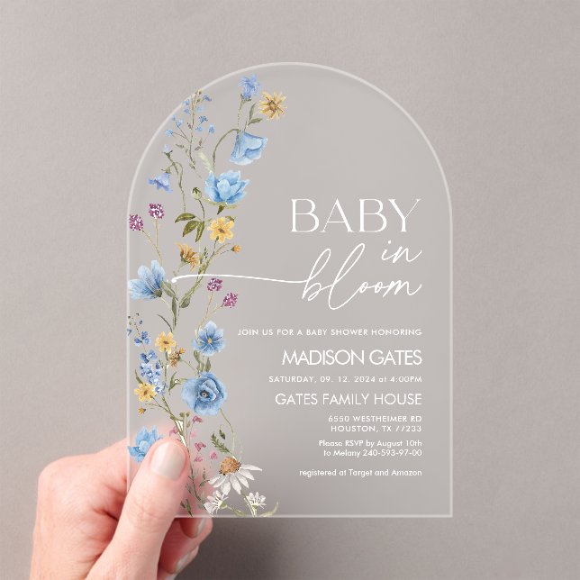 Blue Floral Baby Shower Invitation, Baby in Bloom  Acrylic Invitations (Insitu (Handheld))
