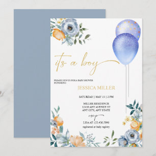 Blue Floral Baby Shower   Its a Boy Invitation