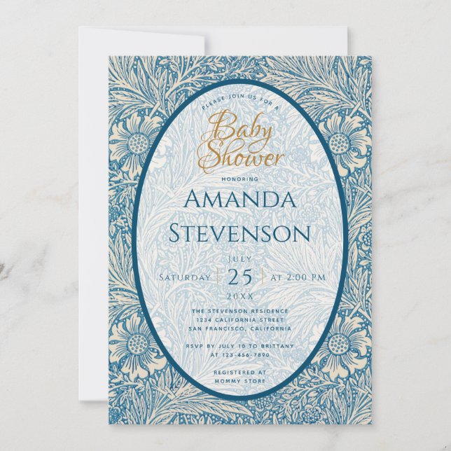 Blue Floral Baby Shower Marigold William Morris Invitation (Front)