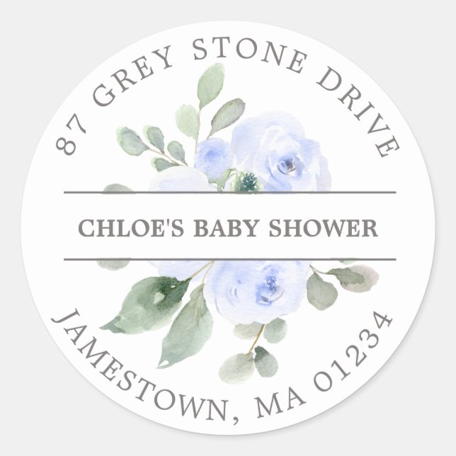 Blue Floral Baby Shower Return Address Label (Front)