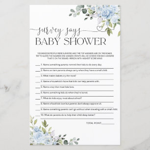 Blue Floral Baby Shower Survey Says Game Card