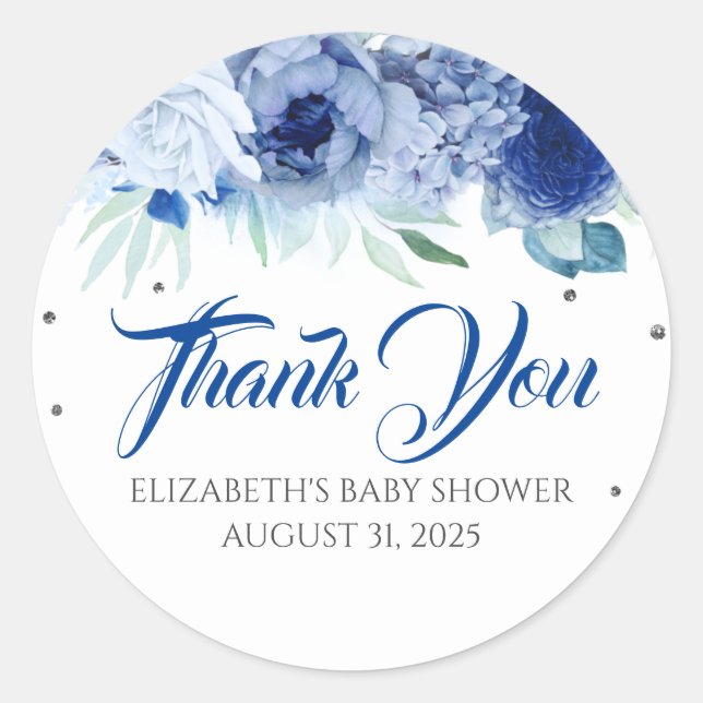 Blue Floral Baby Shower Thank You Classic Round Sticker (Front)