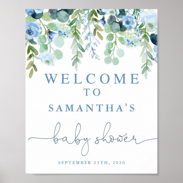 Blue floral baby shower welcome sign (Front)
