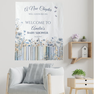 Blue Floral Baby Shower Welcome Sign with Books Tapestry
