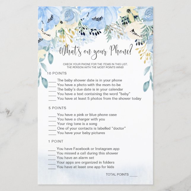 Blue Floral Baby Shower What's on Your Phone Game  (Front)