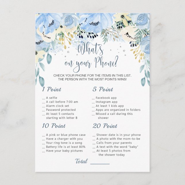 Blue Floral Baby Shower What's on Your Phone Game  Enclosure Card (Front)