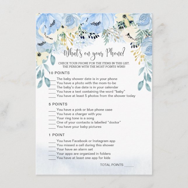 Blue Floral Baby Shower What's on Your Phone Game  Enclosure Card (Front)