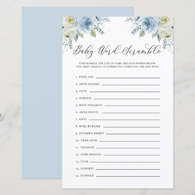 Blue Floral Baby Word Scramble Baby Shower Game (Front/Back)