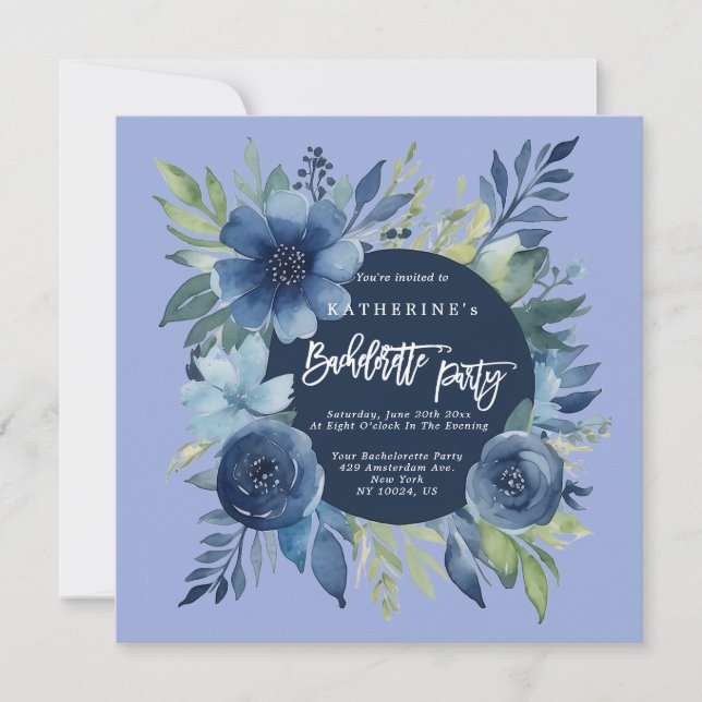 Blue Floral Bachelorette Party Invitations (Front)