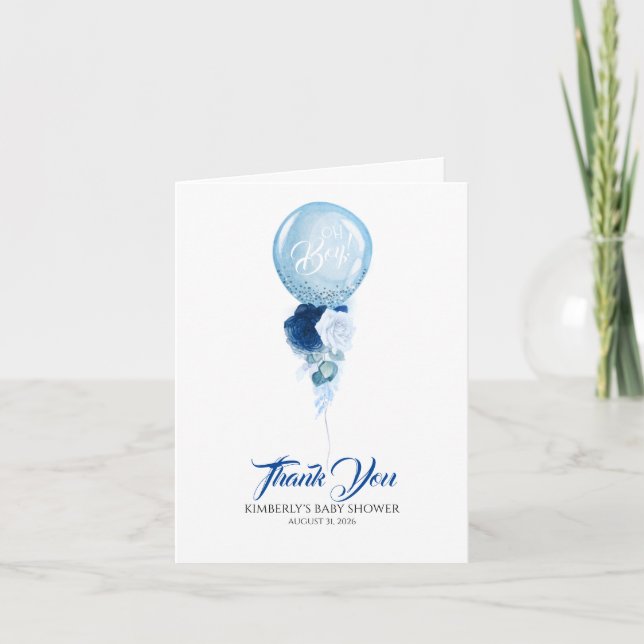 Blue Floral Balloon Baby Shower Thank You Card (Front)