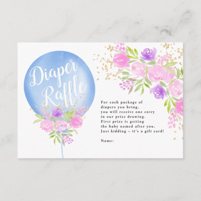 Blue floral balloon diaper raffle baby shower enclosure card (Front)