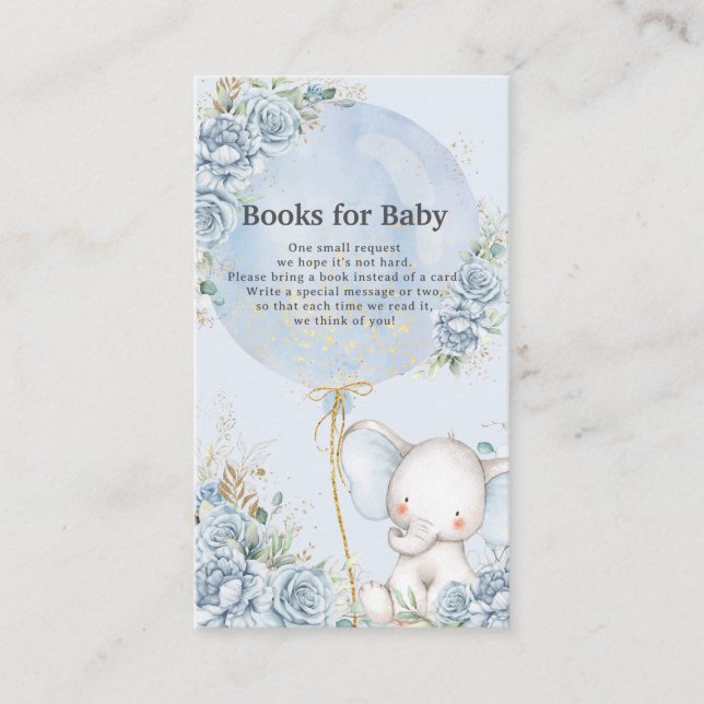 Blue Floral Balloon Elephant Books for Baby Shower Enclosure Card (Front)