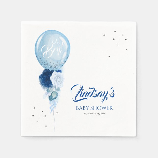 Blue Floral Balloon Garland Baby Shower Napkin (Front)