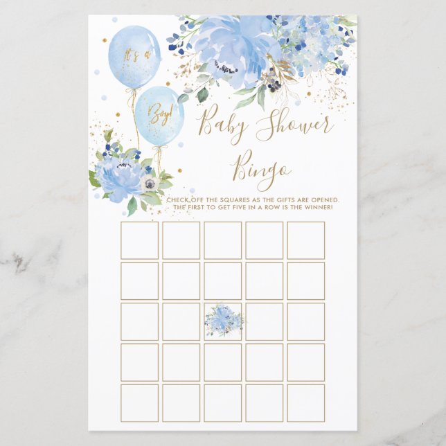 Blue Floral Balloons Baby Shower Bingo Game (Front)